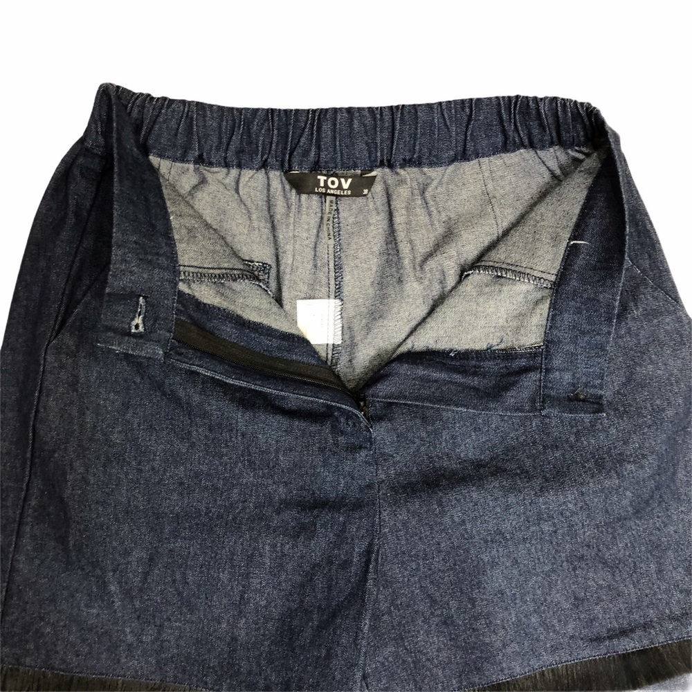 TOV Women’s Tiered Fringe Denim Bermuda Shorts Size Small (38) Statement Shorts - Picture 7 of 8